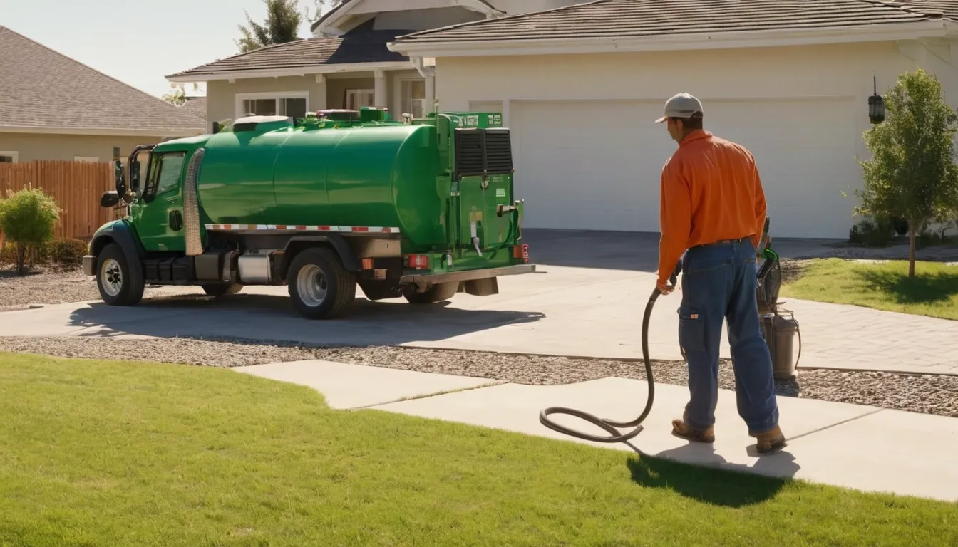A septic service truck parked beside a stucco ranch home in Hidden Hills