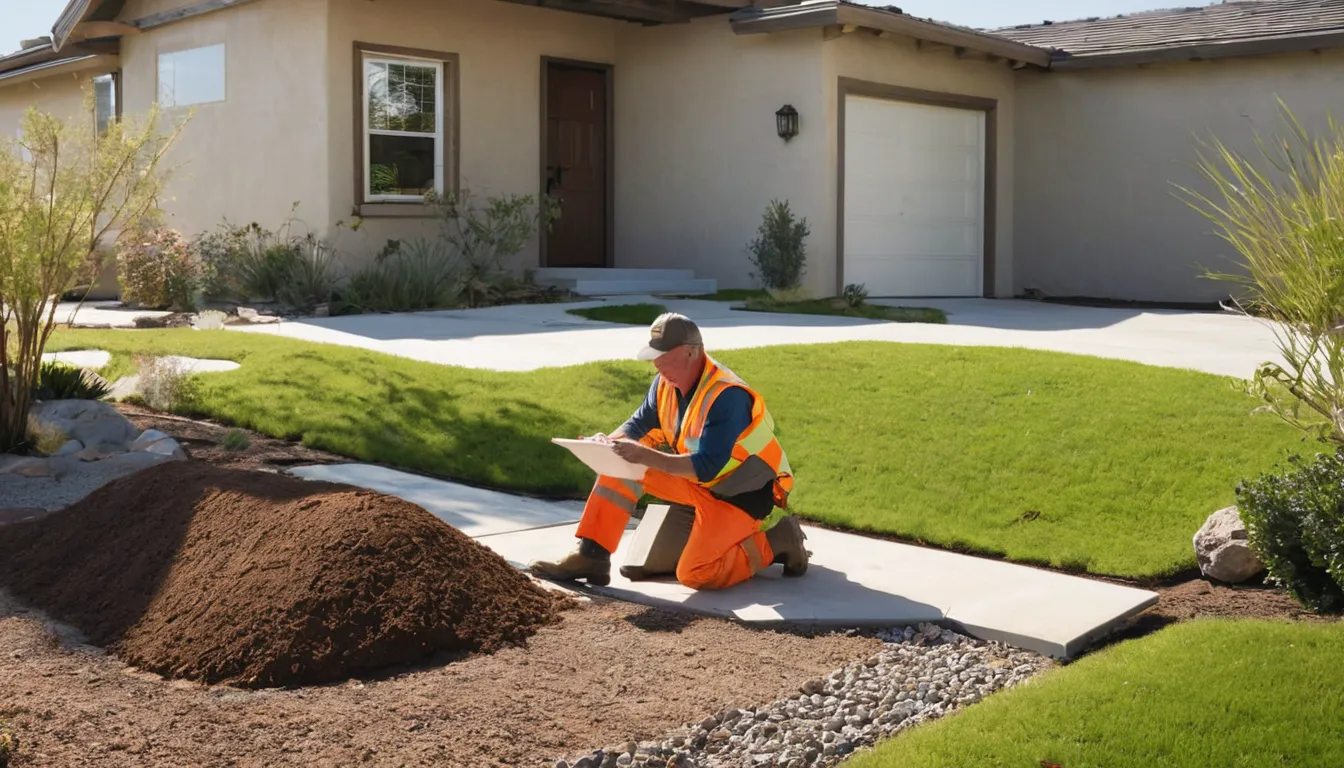 A local provider inspecting an open septic tank lid beside a stucco ranch home in the Hidden Hills area