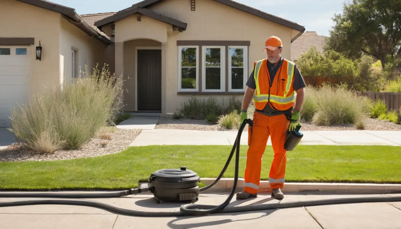 A septic provider's vacuum truck parked beside a stucco ranch home in the Hidden Hills area during a routine tank pumping